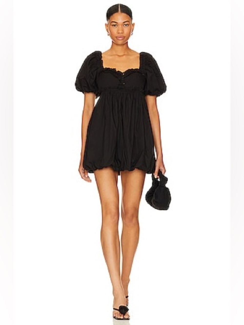 Free People Rendezvous Me Mini Dress Black Bubble Hem Puff Sleeve Size L